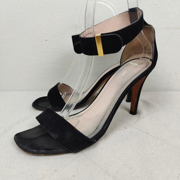 Celine Suede Ankle Wrap Sandals Womens 7.5 37.5 Black Heels Designer Luxury - Picture 1 of 11